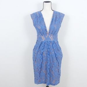 Eva Franco Blue Lace Nude Liner Sleeveless Deep V Neck Side Pockets Retro Dress